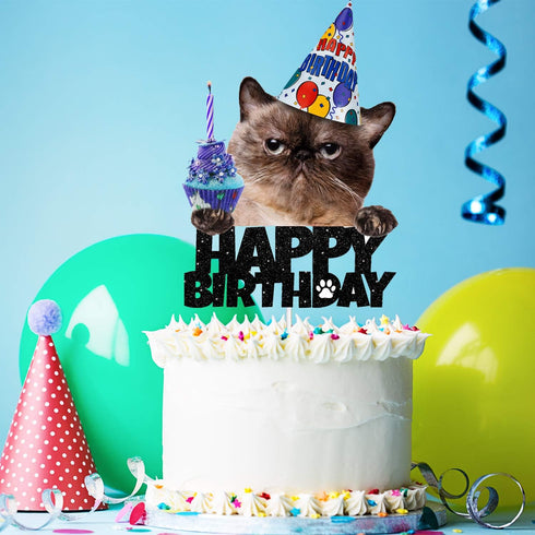 Cat Happy Birthday Cake Topper - Pet themed Party Black Glitter Decoration Supplies...