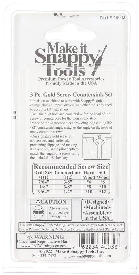 Make it Snappy Tools Quick-Change 3-Pc. Countersink Drill Bit Set. Proudly Made in The USA....