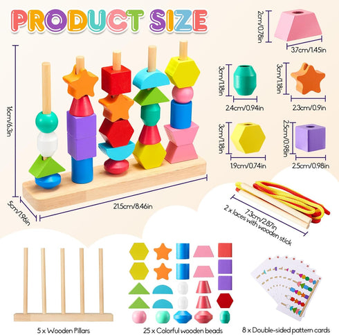 Montessori Preschool Educational Wooden toys for Toddler 3 4 5 Years Old Lacing Beads & Stacking Blocks & Shape Sorting Gifts for Kids Boy Girl El...