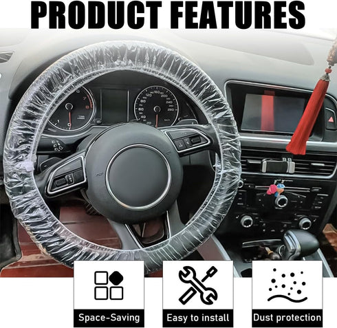 100PCS Disposable Car Steering Wheel Cover, Plastic Transparent Steering Wheel Protector with Elastic Trim, Universal Flexible Wheel Cover for Mos...