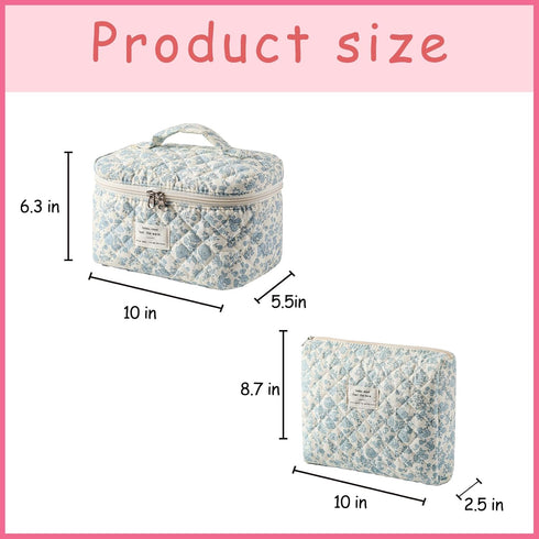 2 Pcs Large Quilted Makeup Bag, Cotton Quilted Toiletry Bag for Women,Floral Coquette Makeup Bag,Cute Kawaii Travel Cosmetic Bags(03Lightblue Flow...