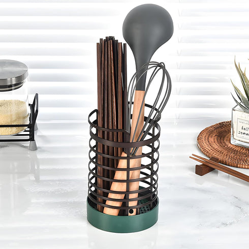 Utensil Holder, Kitchen Utensil Holder Rack with Gelatinous Base and Metal holder, Wire Utensil Organizer Round Utensil Caddy Crock Flatware Stora...