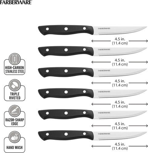 Farberware Triple Riveted Steak Knife Set, 6-Piece, High-Carbon Stainless Steel Knife Set, Razor-Sharp Steak Knife Set with Fine Edge Blades, Blac...