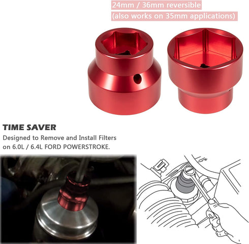 Yoursme Fuel Filter Oil Filter Socket 24mm / 36mm Fuel Filter Cap Remover and Installer for 2003-2010 6.0L / 6.4L Ford Powerstroke Diesel Red...