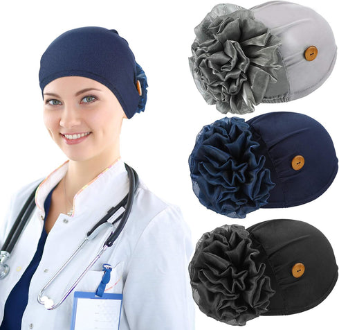 3 Pieces Bouffant Cap with Buttons Elastic Soft Flower Stretch Head Wraps for Nurses...