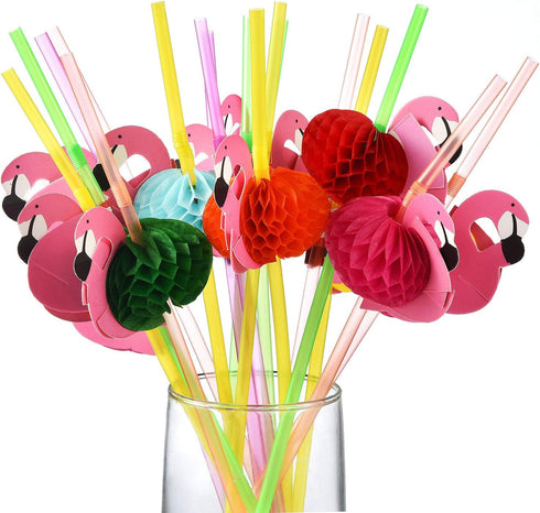 ALINK 50 Flamingo Straws, Plastic Drinking Straws for Tropical Luau Party Supplies/Hawaiian/Birthday/Pool Party Decorations...