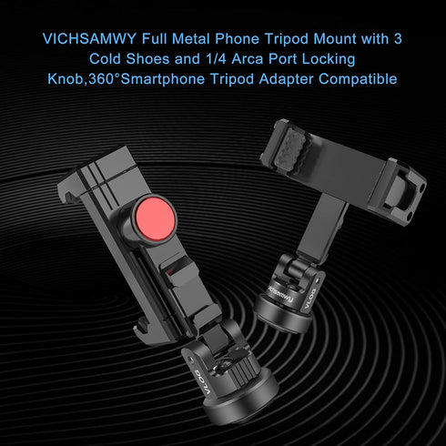 Aluminum Phone Tripod Mount, Phone Tripod Mount with 3 Cold Shoes and 1/4 Arca Port Locking Knob, 360° Smartphone Tripod Adapter360° Smartphone Tr...