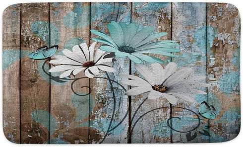Farmhouse Floral Flower Bath Mat, Teal Daisy Rustic Wooden Plank Country Barn Wood Turquoise Blue Non-Slip Flannel Soft Doormat Floor Entryways Ou...