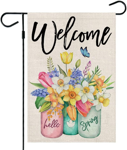 CROWNED BEAUTY Spring Garden Flag Floral Mason Jar 12×18 Inch Double Sided for Outside Small Burlap Welcome Yard Flag...