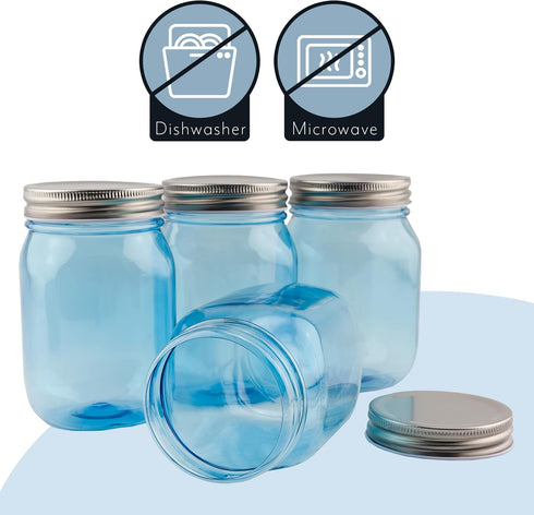 Cornucopia Brands 16oz PLASTIC Mason Jars (8-Pack, Blue w/Silver Metal Lids); PET BPA-Free Mason Jars w/One Piece Lids, 2-Cup/Pint Capacity...
