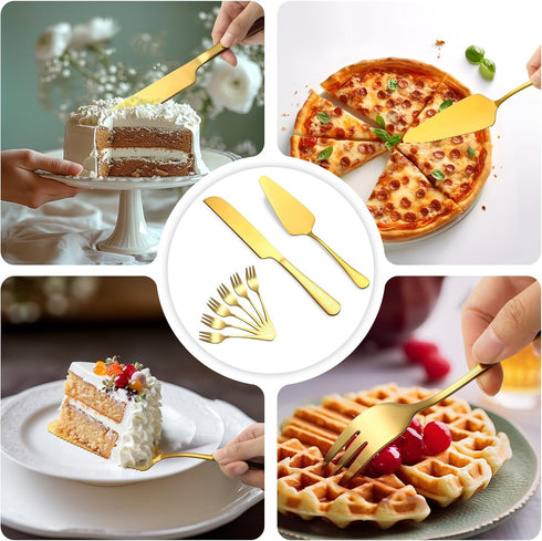 Cake Knife and Server Set with 6 Pcs Cake Forks,Wedding Cake Cutting Set for Birthday Anniversary Parties and Festival(8 PCS, Gold)...
