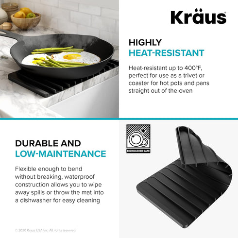 Kraus Self-Draining Silicone Dish Drying Mat or Trivet for Kitchen Counter in Dark Grey, KDM-10DG...