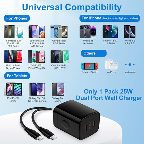 A15 A55 Samsung Charger Block 25W USB C Android Wall Charger Box 2 Port Super Fast Dual Charging Plug Power Adapter for Samsung Galaxy S24 Ultra S...