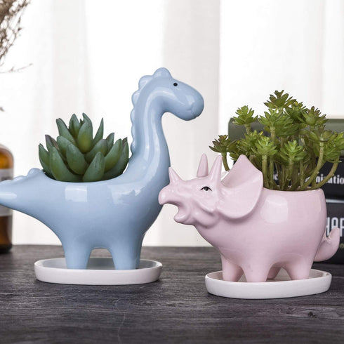 VanEnjoy Desktop Cute Cartoon Herbivorous Dinosaur White Ceramic Succulent Planter with Tray, Bonsai Cactus Flower Pot Vase Holder Decorative Orga...