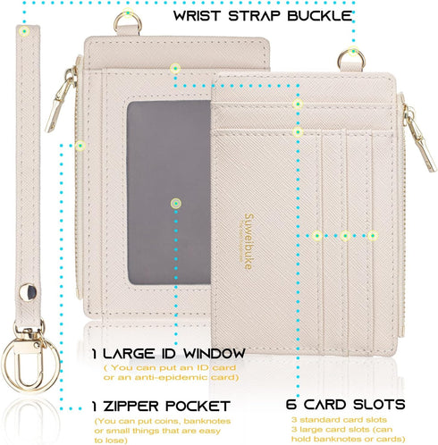 Wikavanli Women Slim Rfid Blocking Credit Card Case Holder Wristlet Zip ID Case Wallet Small Compact Leather Wallet Coin Purse with Keychain (Beig...