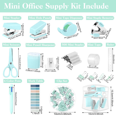 Mini Office Supplies, Turquoise Green School Supplies with Sticky Notes,Mini Stapler,Tape Dispenser,Hole Punch,Staple Remover,Staples,Clips,Scisso...