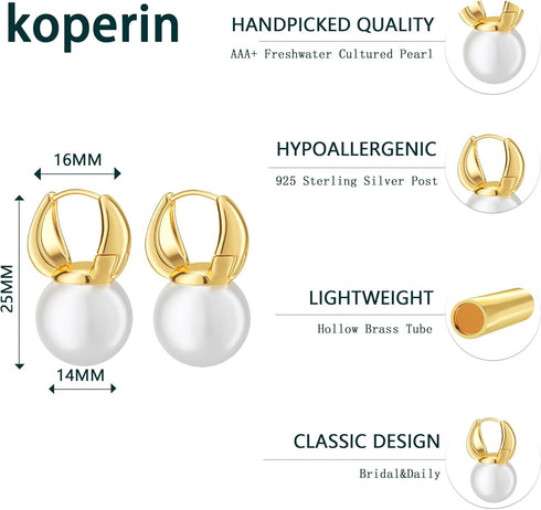 Pearl Earrings for Women, 14K Gold Plated/925 Sterling Silver Quality Handpicked AAA+ Freshwater Cultured Round Pearls Small Gold Hoops Dangle Pea...