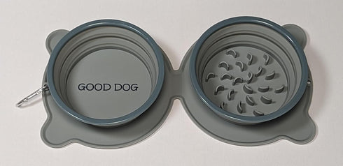 Good Dog Collapsible Double Dog Bowls, Durable Reinforced Rims, Travel Food and Water Bowls, Collapsible Slow Feeder Bowl, Attached No-Spill and A...