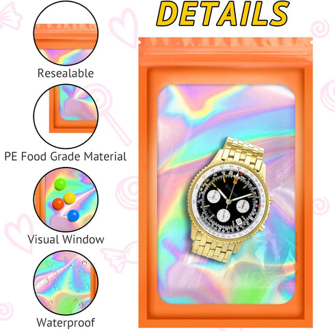 100 PCS Holographic Bags for Lashes, Candy, Small Baggies Sample Bag Smell Proof Packaging Bags for Jewelry, Present, Resealable Bags for Small Bu...