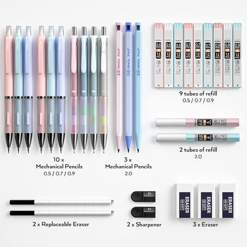 Nicpro 31PCS Pastel Mechanical Pencil Set in Case, Cute Art Pencils Bulk 0.5 & 0.7 & 0.9 mm & 2mm Graphite Lead Holder, (2B HB) Lead Refills, Eras...