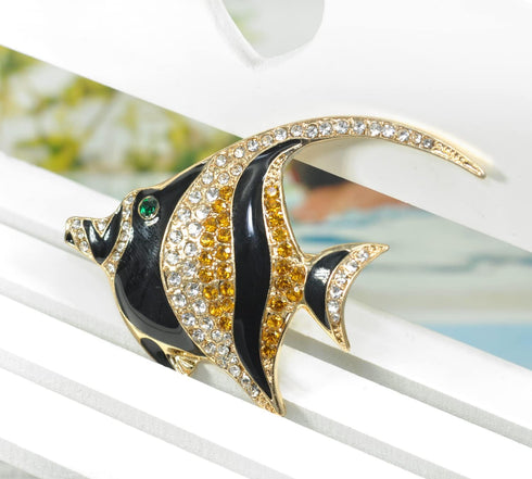 Gyn&Joy Golden Tone Topaz Crystal Rhinestones Enamel Sea Animal Tropical Ocean Fish Pin Brooch...