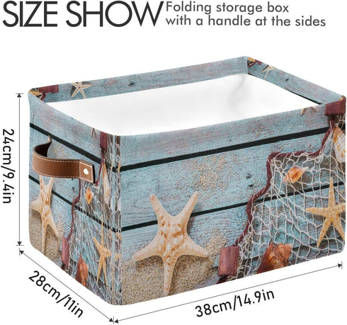 AUUXVA Summer Beach Sand Storage Basket Bin Rustic Wooden Starfish Large Fabric Toys Storage Cube Box with Handles Collapsible Closet Shelf Cloth ...