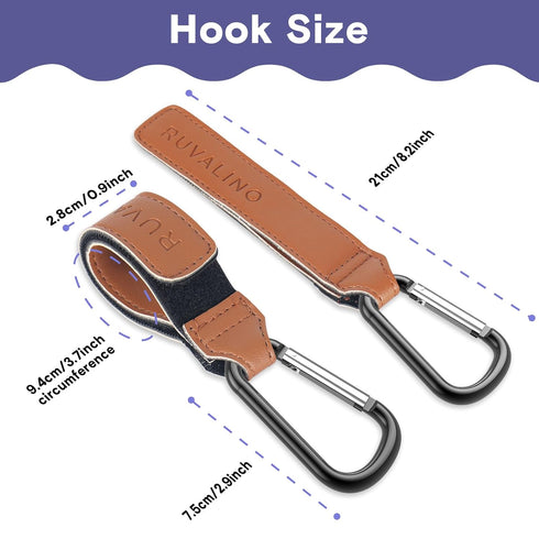 Leather Stroller Hooks for Diaper Bag and Stroller Organizer - RUVALINO® Stroller Strap with Large Carabiner Clip for Bags - Accessories for Wheel...