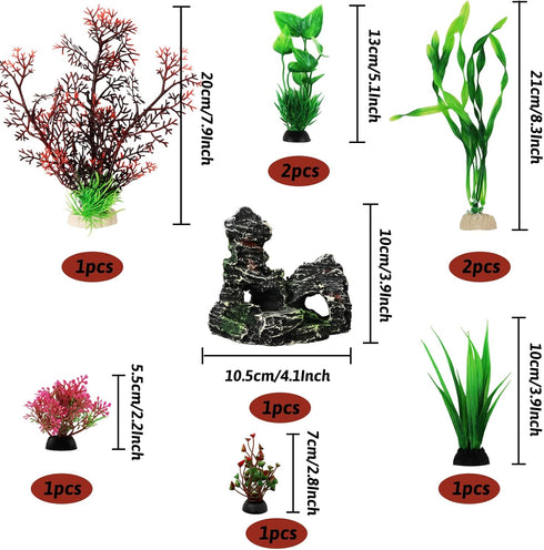 Fish Tank Decorations Plants with Resin Cave Rock View, 9pcs Aquarium Decorations Plants Plastic,Fish Tank Accessories, Fish Cave and Hideout Orna...