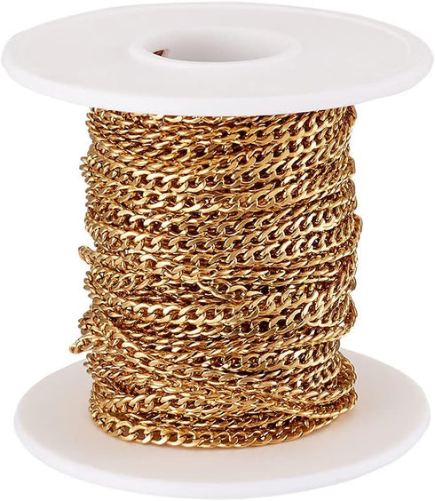 Pandahall 10M/32.8 Feet 304 Stainless Steel Curb Cuban Link Chain Gold Plated Twisted Cross Unwelded Connector Necklace Finding for Men Women Mult...