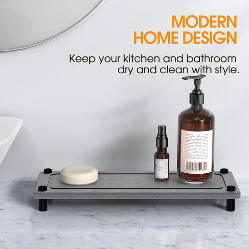 Instant Dry Bathroom Kitchen Sink Organizer, Diatomite Stone Drying Tray for Soap Dispenser, Sponge Brush and Toothbrush Cup, Countertop Fast Dryi...