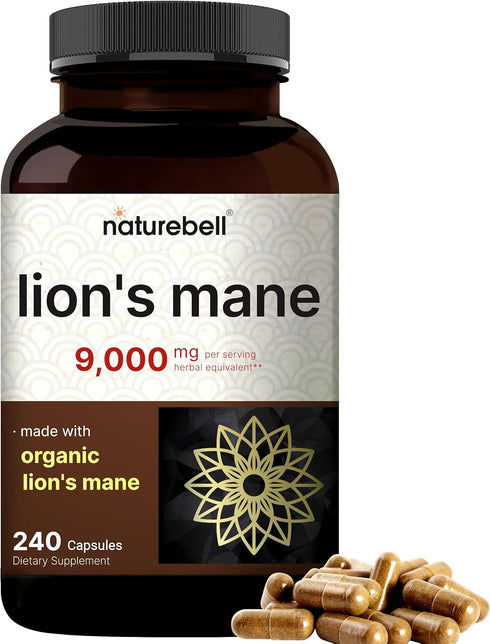 NatureBell Lions Mane Mushroom Supplement Capsules 9,000mg, 240 Capsules | 120 Days Supply – Made with Organic Lion’s Mane Powder Extract – Cognit...