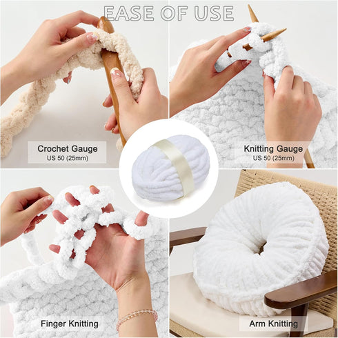Chenille Chunky Yarn Super Bulky Soft Thick Fluffy Jumbo Giant Washable Polyester Big Yarn DIY for Arm Knit Blanket Cushion Bed Sofa Home Decor,Wh...