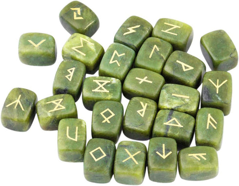 SUNYIK Natural Green Jade Rune Stones Set with Engraved Elder Futhark Alphabet Lettering Polished Healing Crystal Kit...