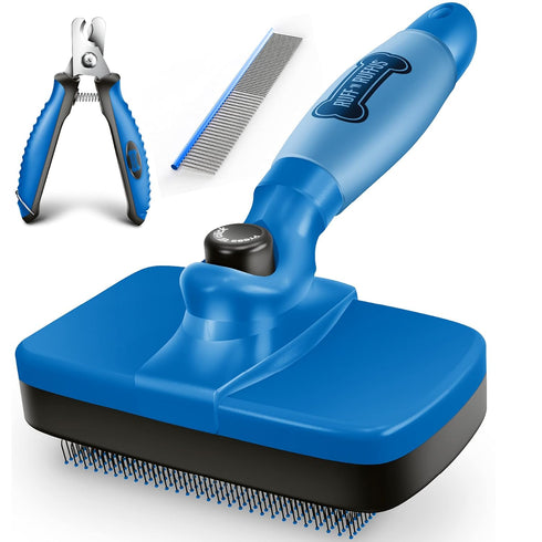 Ruff 'N Ruffus Self-Cleaning Slicker Brush With NO- Pain Bristles Upgraded Gel Handle Gently Removes Loose Undercoat & Tangled Hair For Cats & Dog...