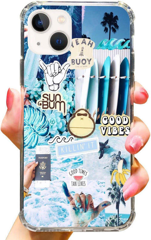 Good Vibes Picture Collage Phone Case for iPhone 13, Summer Sea Beach Blue Collage Cover for Women Men Girls Boys, Trendy Design TPU Bumper Cover ...