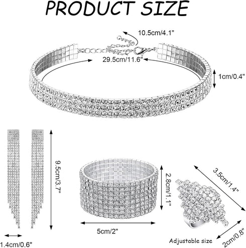 PHOGARY Women Rhinestone Jewelry Set with Rhinestone Stretch Bracelet Bangle Crystal Rhinestone Necklace Ring Dangle Fringe Earrings for Women Cos...