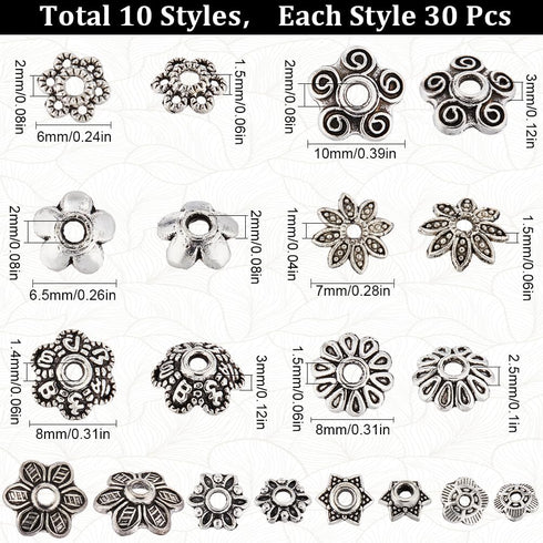SUNNYCLUE 1 Box 300cs 10 Styles Flower Bead Caps 8mm Flat Spacer Beads Bulk Tibetan Silver Hollow Flowers Metal Vintage Floral Bead End Caps for D...