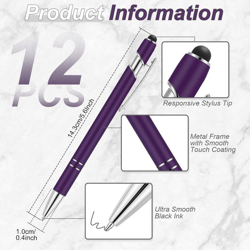 12 Pieces Ballpoint Pen with Stylus Tip, 1.0 mm Black Ink Metal Pen Stylus Pen for Touch Screens, 2 in 1 Stylus Ballpoint Pen (Purple and Silver)...