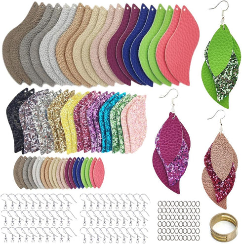AOUXSEEM 181 Pcs Leaf Faux Leather Earrings Making Kit for Beginner, Contains 60 Pre Cut Lightweight Glitter Printed Synthetic Fabric Pieces and H...