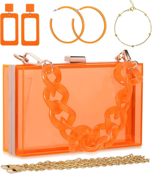 4 Pcs Women Acrylic Purse Clear Clutch Bag Evening Purses for Wedding Vintage Handbag Retro Earrings Bracelet Jewelry Set (Orange)...