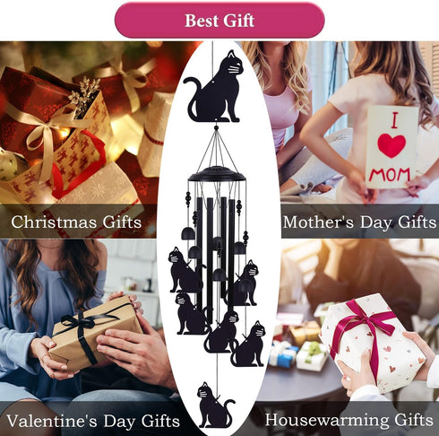 Cat Wind Chimes for Home, Patio, Backyard, Garden Cat Decor, Cats Wind Catcher, Indoor 7 Cats Wind Bells, Outside Mobile Black Cat Wind Chime Fest...