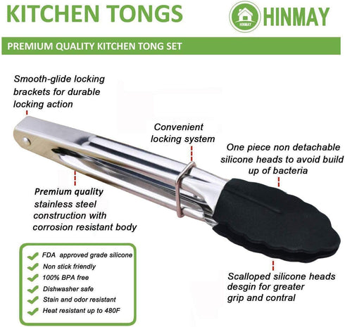Mini Tongs with Silicone Tips 7-Inch Kitchen Tongs, Set of 3 (Black)...