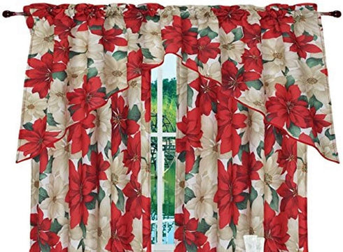 Violet Linen Decorative Christmas Printed Poinsettia Floral Design 3 Piece Kitchen Curtain Set...