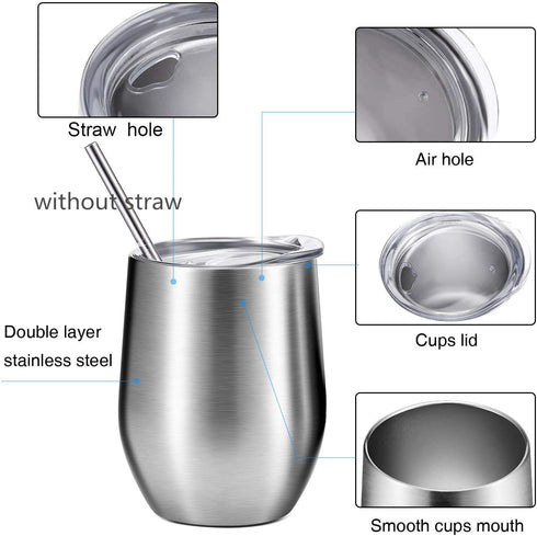 Stainless Steel Wine Glasses, Double Wall Insulated Tumbler with Lid for Wine, Coffee, Drinks, Champagne, Cocktails (Stainless Steel)...