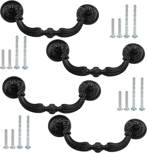 4 Pcs Antique Drop Drawer Pull Handles, 3.7 Inch Hole Center Swing Cabinet Dresser Handles, Vintage Hardware for Furniture, Dresser...