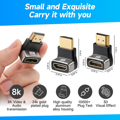 8K HDMI 2.1 Adapter 90 Degree and 270 Degree Gold Plated Adapter 2 Pack, Right Angle HDMI Male to Female Connector Converter HDMI L Shape Extender...