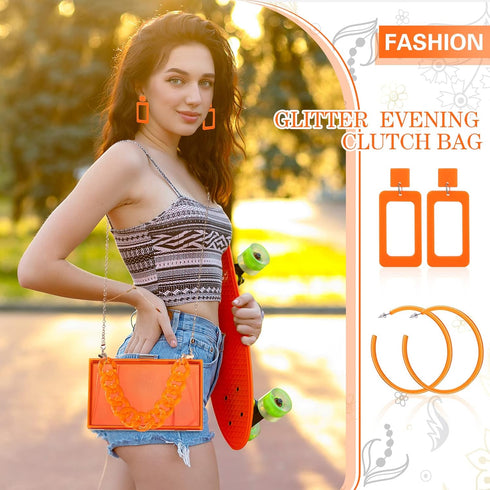 4 Pcs Women Acrylic Purse Clear Clutch Bag Evening Purses for Wedding Vintage Handbag Retro Earrings Bracelet Jewelry Set (Orange)...