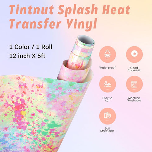 Tintnut Splash Heat Transfer Vinyl Roll - 12 Inch x 5ft Spring Color Watercolor Ink Patterned HTV Splatter Iron On Vinyl DIY T-Shirts Hats Clothes...