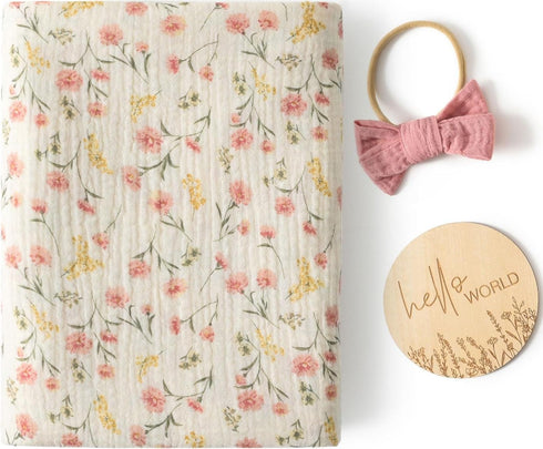 Little Jump Baby Muslin Swaddle Blankets for Girls, Newborn Swaddle Set with Matching Headband Bow, 47 x 47 inches Floral Print Hospital Home-Comi...