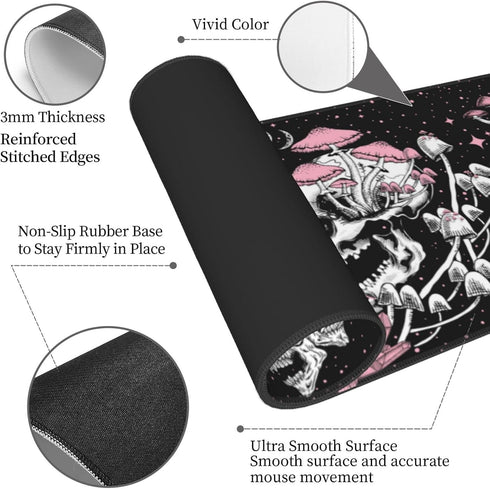 Skull Hippie Mushroom Moth Moon Gaming Mouse Pad XL, Large Extended Mousepad Desk Pad, Long Nonslip Rubber Mice Mats Stitched Edges Playmat for Of...